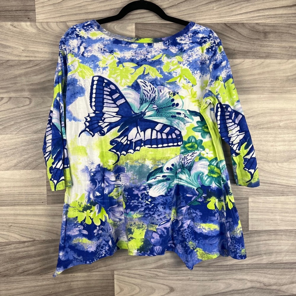 Collections Etc Blouse Womens M Blue Tie Dye Asymmetric Hem 3/4 Sleeve Artsy - Picture 2 of 10